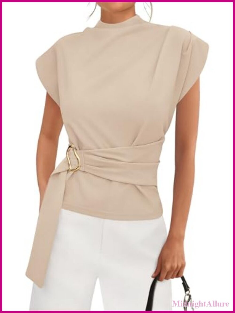 Cap Sleeve Mock Neck Blouse with Gold Buckle Front Tunic Top